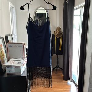 Navy Blue Dress with Black Lace Fringe
